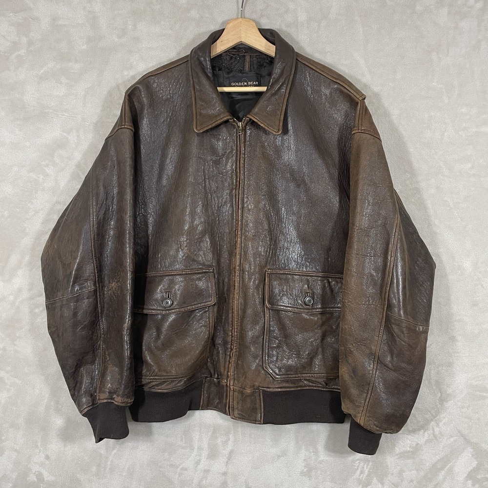 VTG Golden Bear Sportswear Jacket Mens XL Black Leather Full Zip Biker Sun Faded